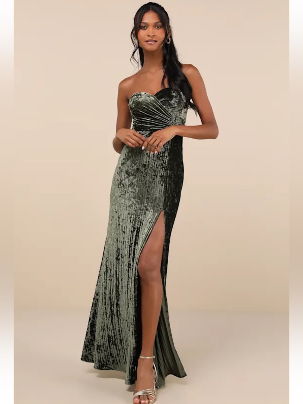 Lulus Classy Sensation Olive Velvet Pleated Strapless Maxi Dress BRAND NEW